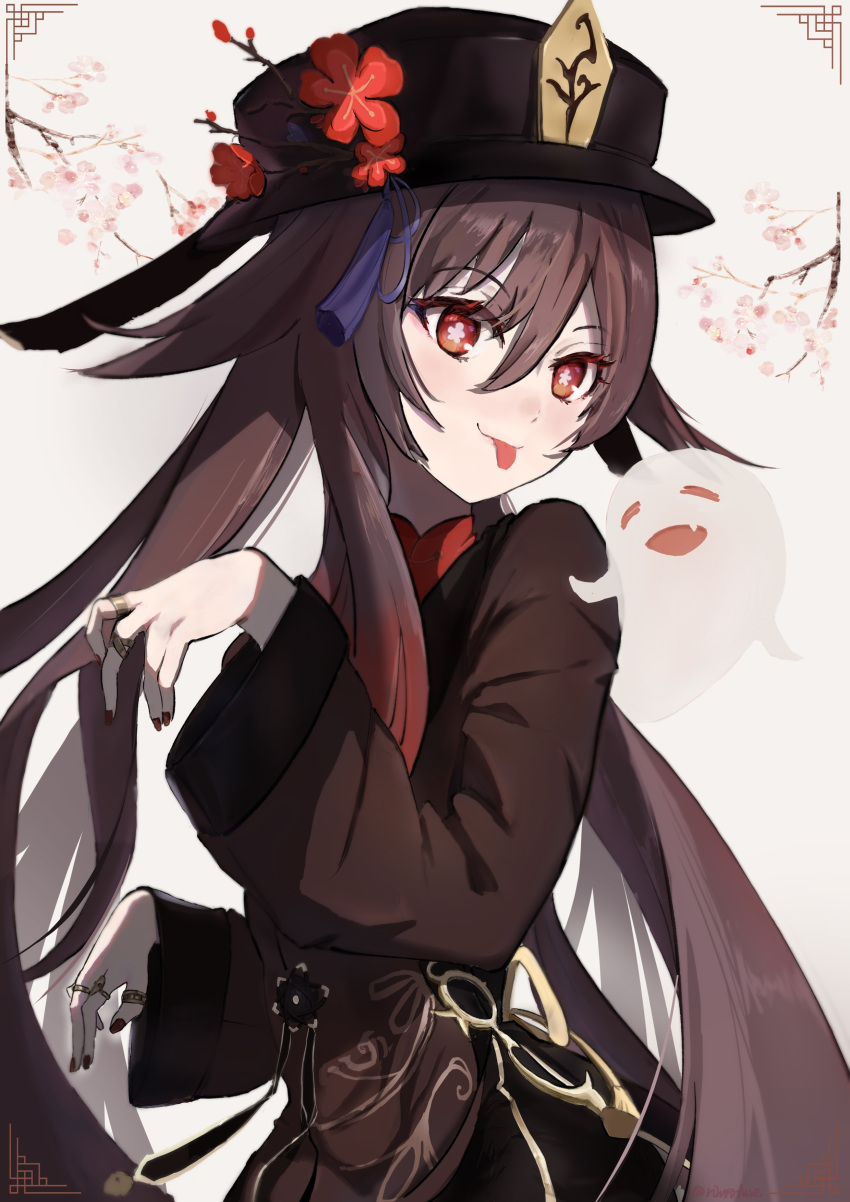 1girl :d absurdres bangs black_hair black_nails boo_tao_(genshin_impact) cherry_blossoms chinese_clothes commentary_request flower genshin_impact ghost ghost_pose hair_between_eyes hat hat_flower hat_ornament highres hu_tao_(genshin_impact) jewelry long_hair long_sleeves looking_at_viewer red_eyes ring ringofuze sidelocks simple_background smile solo symbol-shaped_pupils twintails white_background