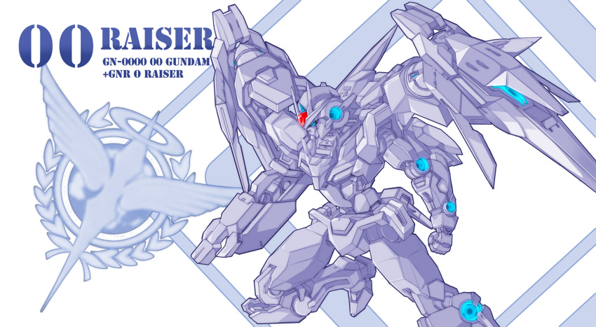 00_raiser arm_blade blue_eyes celestial_being character_name commentary_request energy_gun english_text gn_drive group_name gun gundam gundam_00 holding holding_gun holding_sword holding_weapon logo mecha miying_(13975192760) mobile_suit no_humans robot solo spot_color sword v-fin weapon white_background