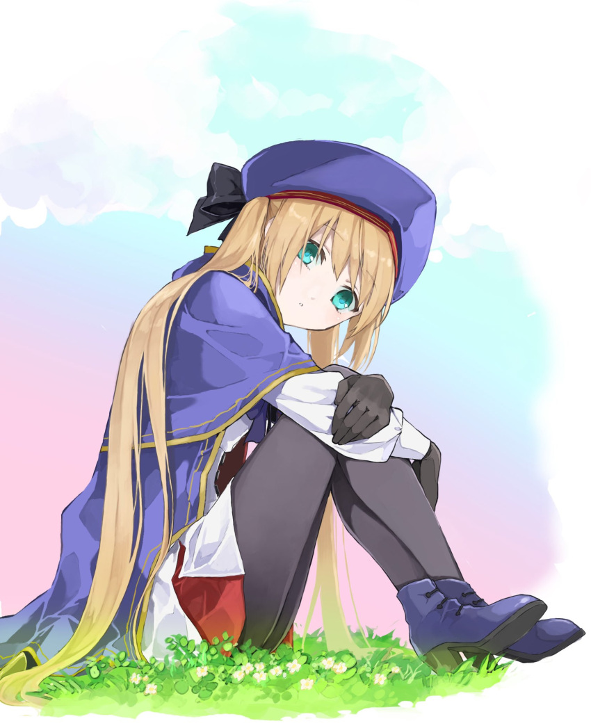 1girl artoria_caster_(fate) artoria_caster_(second_ascension)_(fate) artoria_pendragon_(fate) beret black_bow black_gloves black_pantyhose blonde_hair blue_cloak blue_footwear blue_headwear boots bow cloak closed_mouth clouds cloudy_sky fate/grand_order fate_(series) flower gloves gradient gradient_background grass green_eyes hair_between_eyes hair_bow hat highres kino_kokko long_hair long_sleeves looking_at_viewer on_grass pantyhose purple_bow shirt sitting skirt sky twintails white_flower white_shirt