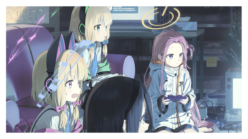 4girls aris_(blue_archive) bangs barefoot black_hair black_hairband blonde_hair blue_archive blue_eyes blush border bow cat_ear_headphones coat commentary_request controller couch game_controller hair_bow hairband halo headphones highres holding holding_controller indoors keyboard_(computer) long_hair long_sleeves messy_hair midori_(blue_archive) momoi_(blue_archive) monitor multiple_girls necktie off_shoulder parted_lips pink_eyes plant playing_games redhead shirt sitting smile sweat very_long_hair wasabi60 white_border white_coat white_shirt whiteboard yuzu_(blue_archive)