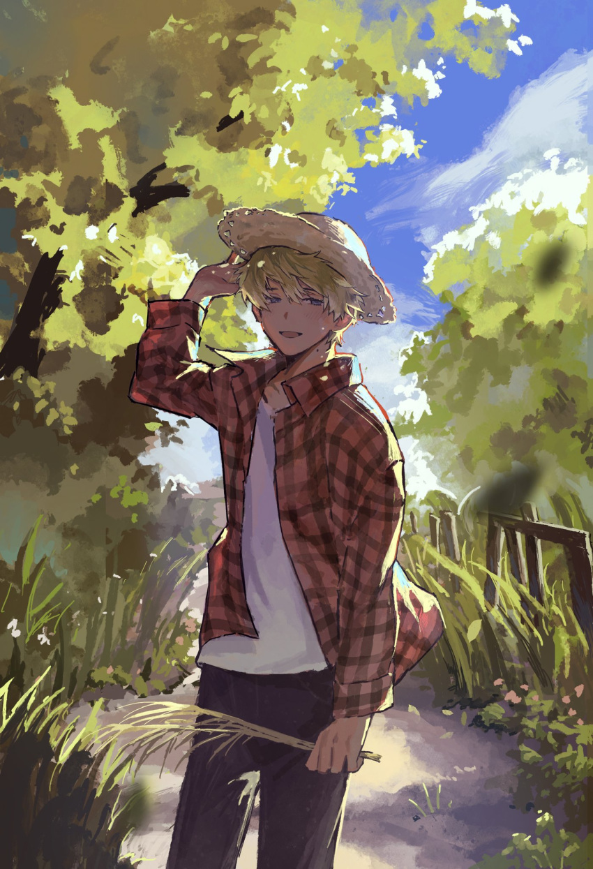 1boy adjusting_clothes adjusting_headwear bangs blonde_hair blue_eyes clouds cnzatsu8 day hat highres holding holding_plant long_sleeves looking_at_viewer making-of_available male_focus nijisanji nijisanji_en open_clothes open_shirt outdoors pants plaid plaid_shirt plant shirt sky smile solo sonny_brisko standing straw_hat tree virtual_youtuber white_shirt