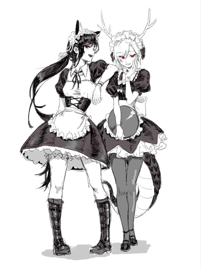 2girls :d alternate_costume animal_ears antlers apron bloomers blush boots chinese_commentary collared_dress commentary_request corset dragon_tail dress elbow_on_another's_shoulder enmaided full_body greyscale hand_on_own_cheek hand_on_own_face hand_up highres holding holding_tray horse_ears horse_tail kicchou_yachie kurokoma_saki long_hair looking_at_viewer maid maid_headdress medium_hair mingqian monochrome multiple_girls neck_ribbon open_mouth pantyhose parted_lips puffy_short_sleeves puffy_sleeves red_eyes ribbon shoes short_sleeves sideways_glance smile standing tail touhou tray underwear waist_apron wrist_cuffs