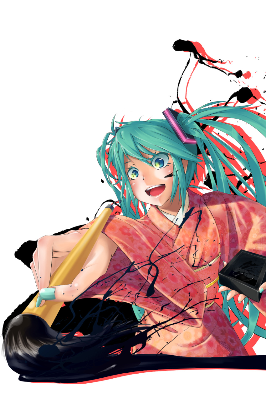 1girl bangs blue_eyes blue_hair blue_nails blush boru_(ochagashi) calligraphy_brush colored_shadow commentary_request cowboy_shot flat_chest hair_between_eyes hair_ornament hatsune_miku highres holding holding_paintbrush ink inkblot inkwell japanese_clothes kimono nail_polish open_mouth paintbrush pink_kimono shadow smile solo twintails vocaloid white_background