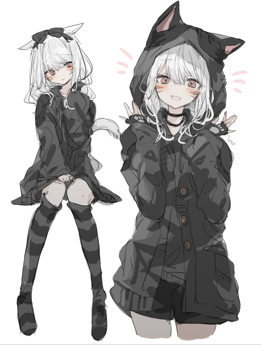 1girl animal_ears animal_hood avatar_(ff14) bangs black_bow black_gloves black_shorts blush bow cardigan facial_mark final_fantasy final_fantasy_xiv fingerless_gloves gloves hair_bow highres hood hood_up hooded_cardigan inu_nu long_hair long_sleeves looking_at_viewer miqo'te multiple_views open_mouth pink_eyes short_shorts shorts simple_background sitting solo striped striped_thighhighs tail thigh-highs whisker_markings white_background white_hair