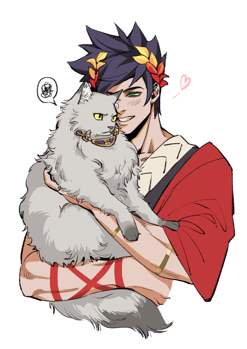 1boy absurdres animal animal_hug black_hair cat chinese_commentary fan_mu_zhang greek_clothes green_eyes grin hades_(game) heart highres hug laurel_crown male_focus smile spoken_squiggle squiggle upper_body white_background zagreus_(hades)