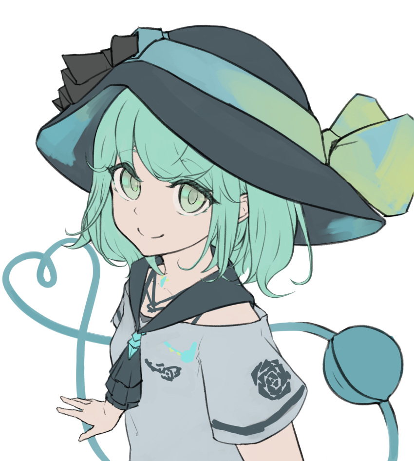 1girl adapted_costume aqua_eyes aqua_hair bangs black_headwear blue_shirt bow closed_mouth eyeball hat hat_bow heart heart_of_string highres komeiji_koishi llreu looking_at_viewer medium_hair shirt short_sleeves simple_background smile solo third_eye touhou upper_body wavy_hair white_background