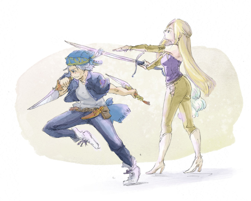 1boy 1girl bandana blonde_hair blue_jacket blue_pants blue_shirt celes_chere dagger detached_sleeves dual_wielding final_fantasy final_fantasy_vi hatomugi_oekaki holding holding_dagger holding_sword holding_weapon jacket knife lock_cole long_hair pants shirt short_hair sleeveless sleeveless_shirt sword weapon yellow_pants