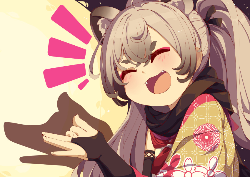 1girl absurdres animal_ears black_scarf blue_archive bridal_gauntlets closed_eyes dog_shadow_puppet eyeshadow fangs floral_print grey_hair hair_ribbon highres japanese_clothes kimono makeup michiru_(blue_archive) mujib open_mouth pink_eyeshadow print_kimono raccoon_ears raccoon_girl ribbon scarf school_uniform serafuku shadow smile thick_eyebrows twintails upper_body white_serafuku