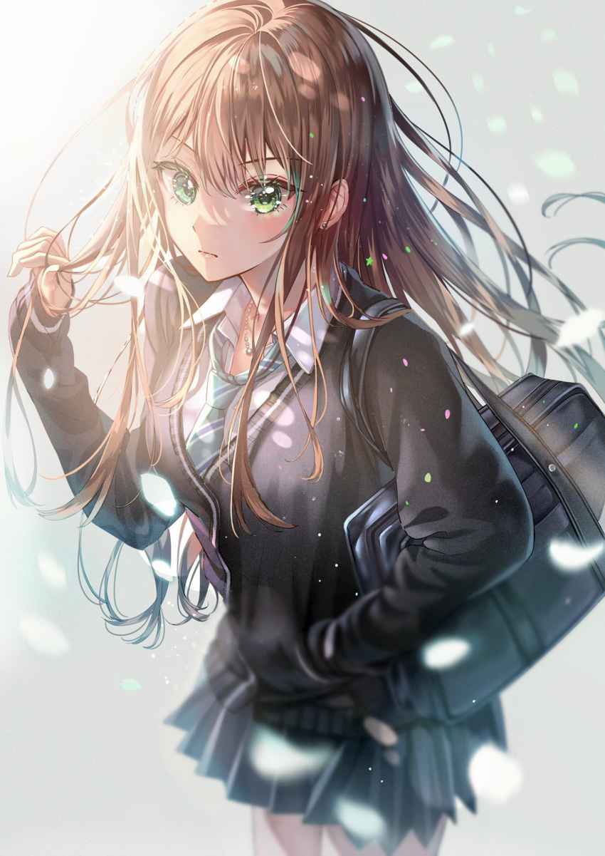 1girl bag bangs black_bag black_sweater brown_hair closed_mouth collared_shirt cowboy_shot floating_hair green_eyes grey_background hand_in_pocket hand_up highres holding holding_hair idolmaster idolmaster_cinderella_girls jewelry long_hair long_sleeves looking_at_viewer loose_necktie miniskirt necklace necktie pleated_skirt sakura_(39ra) school_bag school_uniform shibuya_rin shirt shoulder_bag sidelocks skirt solo striped_necktie sweater white_shirt