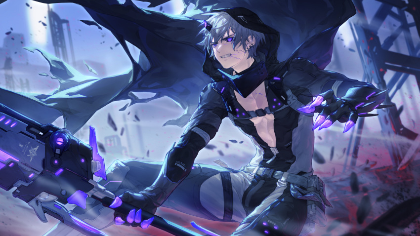1boy absurdres arsh_(thestarwish) belt broken_horn camu_(punishing:_gray_raven) cape claws debris earrings fang glowing grey_hair highres holding holding_sword holding_weapon hood horns jewelry mask mechanical_arms official_art punishing:_gray_raven purple_hair scar single_horn sword weapon