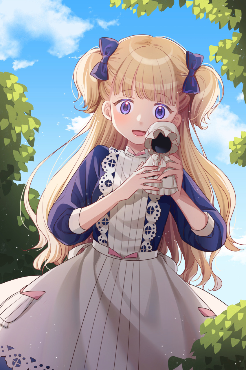 1girl absurdres apron bangs blonde_hair blue_bow blue_dress blue_eyes blue_sky blunt_bangs bow clouds doll dress emilico_(shadows_house) hair_bow highres holding hui_yan long_hair open_mouth shadows_house sky smile solo two_side_up white_apron