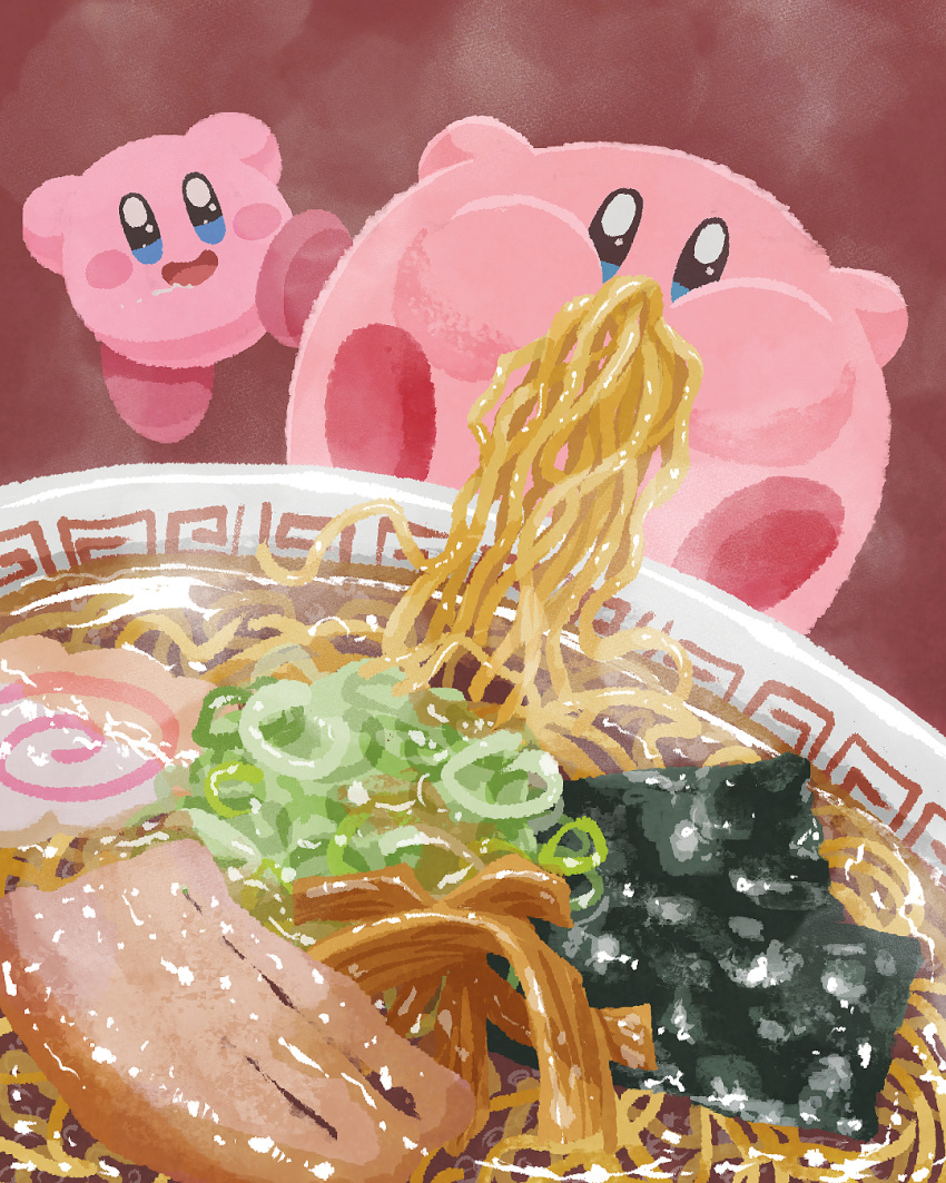 blue_eyes bowl cheek_bulge eating food food_in_mouth highres kamaboko kirby kirby_(series) meandros miclot narutomaki no_humans noodles nori_(seaweed) open_mouth ramen red_background saliva simple_background steam