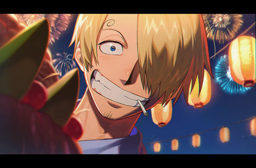1boy blonde_hair blue_eyes blue_shirt blurry blurry_foreground cigarette curly_eyebrows facial_hair fireworks food grin hair_over_one_eye looking_at_viewer night night_sky one_piece outdoors qin_(7833198) sanji_(one_piece) shirt sky smile solo upper_body