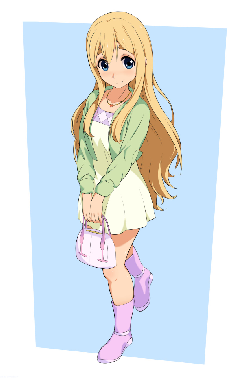 1girl bag bangs blonde_hair blue_eyes blush boots casual closed_mouth commentary dress english_commentary full_body green_jacket hair_between_eyes handbag highres holding holding_bag jacket k-on! knee_boots kotobuki_tsumugi long_hair long_sleeves open_clothes open_jacket purple_footwear sidelocks smile solace solo walking white_dress