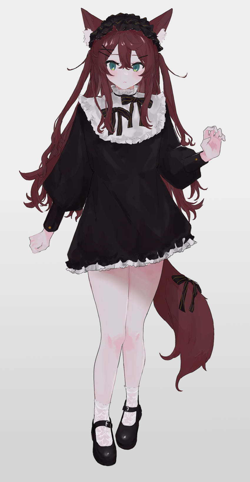 :3 absurdres animal_ear_fluff animal_ears black_bow black_dress black_footwear bow brown_hair chamu_(kohaku_sogo) dress fang full_body gradient gradient_background green_eyes grey_background hairband highres kohaku_sogo lolita_hairband long_hair long_sleeves mary_janes original puffy_long_sleeves puffy_sleeves ribbon shoes skin_fang socks standing striped striped_bow striped_ribbon tail tail_bow tail_ornament two_side_up white_socks wolf_ears wolf_tail