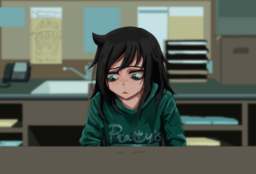 1girl bags_under_eyes black_hair crying depressed green_eyes highres hood hoodie kuroki_tomoko kurokimoko meme messy_hair mojo office parody sad solo watashi_ga_motenai_no_wa_dou_kangaetemo_omaera_ga_warui!