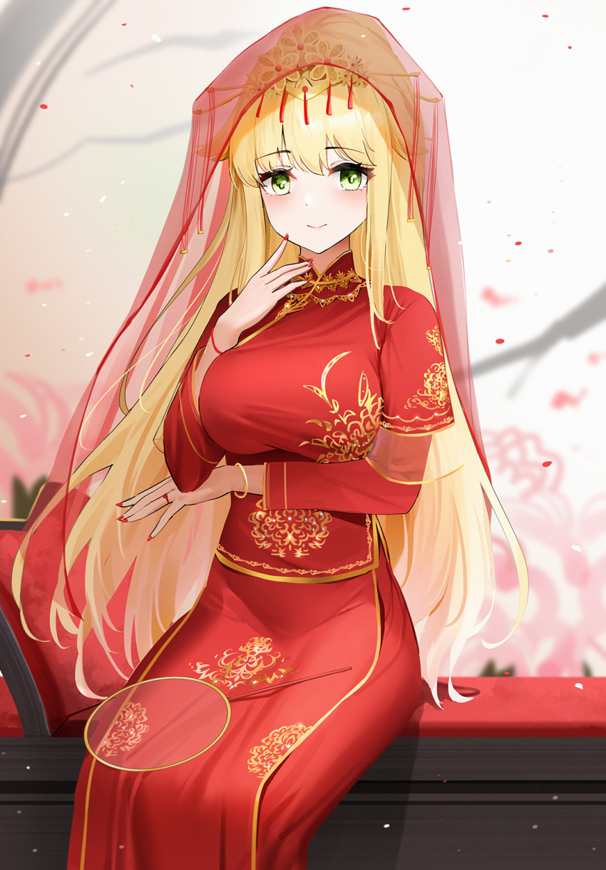 1girl arm_under_breasts aurora_(azur_lane) aurora_(garb_of_eternal_prosperity)_(azur_lane) azur_lane bangle bangs blonde_hair blurry blurry_background blush bracelet breasts bridal_veil china_dress chinese_clothes closed_mouth dress embroidered_dress embroidery finger_to_cheek gold_trim green_eyes hair_ornament hair_stick hand_fan hand_up highres jewelry large_breasts long_hair long_sleeves looking_at_viewer nail_polish official_alternate_costume qing_wu red_dress red_headwear red_nails red_veil ring see-through sidelocks sitting solo transparent_headwear veil very_long_hair wedding_dress