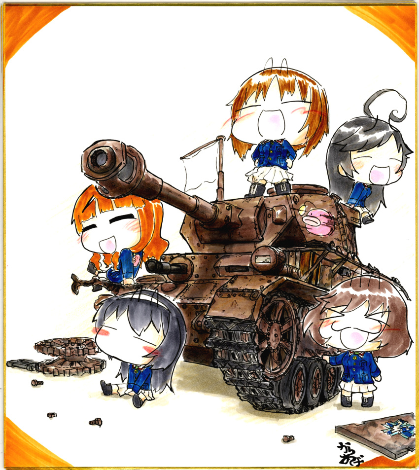 &gt;_&lt; 4girls :3 :d absurdres ahoge akiyama_yukari black_hair blush brown_hair emblem flag friedchicken_(huzimizawa) girls_und_panzer ground_vehicle highres isuzu_hana military military_vehicle motor_vehicle multiple_girls nishizumi_miho ooarai_(emblem) ooarai_military_uniform orange_hair panzerkampfwagen_iv reizei_mako smile takebe_saori tank white_flag