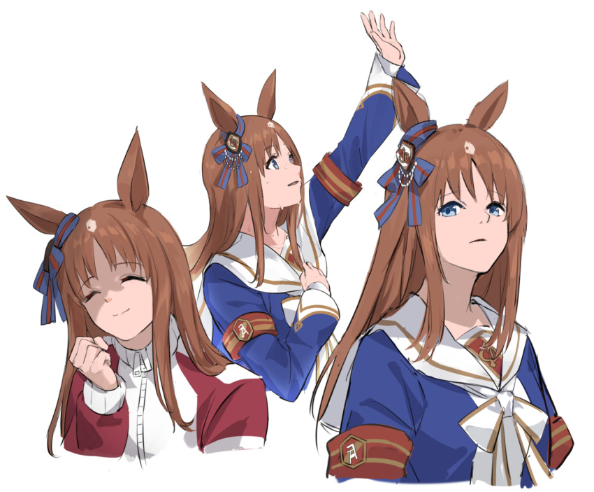 1girl animal_ears arm_up armband blue_eyes blue_jacket brown_hair closed_mouth facing_viewer false_smile grass_wonder_(umamusume) horse_ears jacket long_hair long_sleeves looking_at_viewer multiple_views nos outstretched_arm parted_lips sailor shaded_face smile sweat tracen_training_uniform track_jacket umamusume upper_body white_background