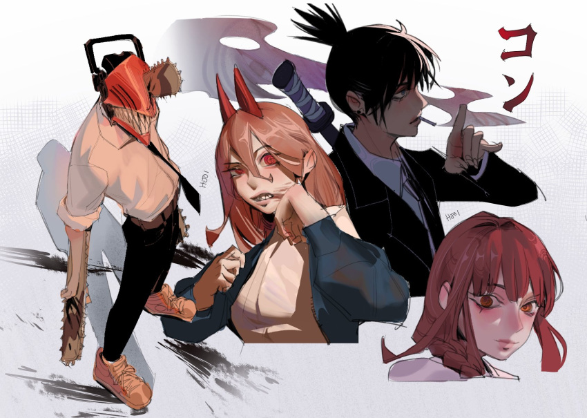 2boys 2girls black_hair black_jacket black_necktie black_pants blonde_hair blood blood_on_face blue_jacket braid braided_ponytail chainsaw chainsaw_man cigarette collared_shirt cross-shaped_pupils denji_(chainsaw_man) formal fox_shadow_puppet hair_between_eyes hayakawa_aki highres hjoi_(fyhjoire) holding holding_weapon horns jacket katana long_hair looking_at_viewer looking_to_the_side makima_(chainsaw_man) medium_hair multiple_boys multiple_girls necktie pants power_(chainsaw_man) red_eyes red_horns redhead sharp_teeth shirt shirt_tucked_in short_hair sidelocks simple_background sleeves_rolled_up smoke smoking suit sword symbol-shaped_pupils teeth topknot weapon weapon_on_back white_background white_shirt wiping_face