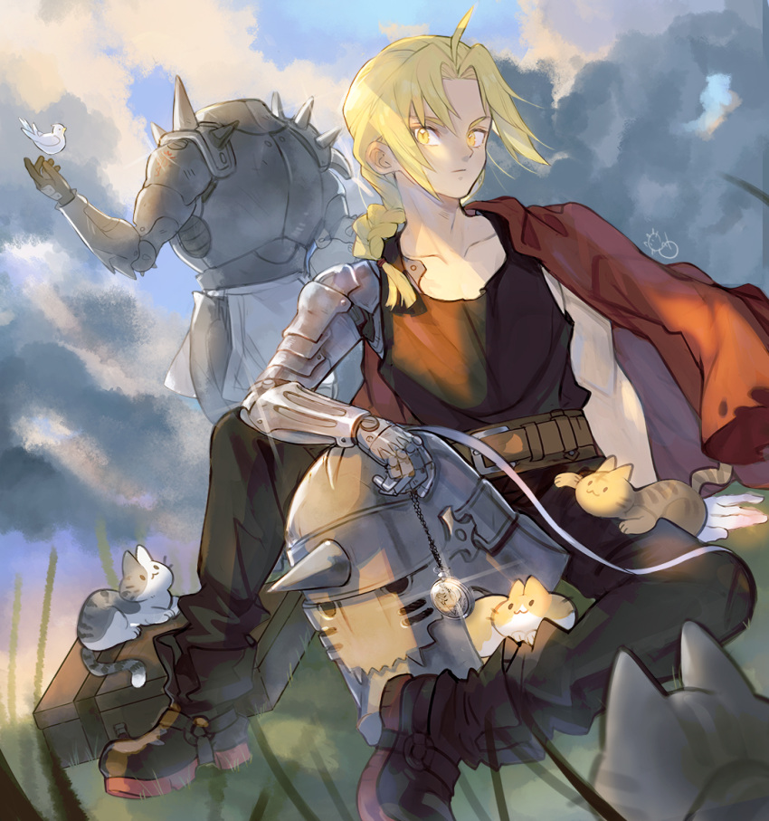 2boys ahoge alpaca_carlesi alphonse_elric armor bangs belt bird bird_on_hand black_footwear black_pants black_shirt blonde_hair blurry blurry_foreground braid brothers brown_belt cat clouds cloudy_sky edward_elric facing_away full_body fullmetal_alchemist grass hair_over_shoulder helmet holding holding_helmet jacket jacket_on_shoulders long_hair looking_at_viewer male_focus mechanical_arms multiple_boys multiple_cats outdoors pants parted_bangs plate_armor prosthesis prosthetic_arm red_jacket shirt siblings single_braid single_mechanical_arm sitting sky sleeveless sleeveless_shirt tank_top toned toned_male yellow_eyes