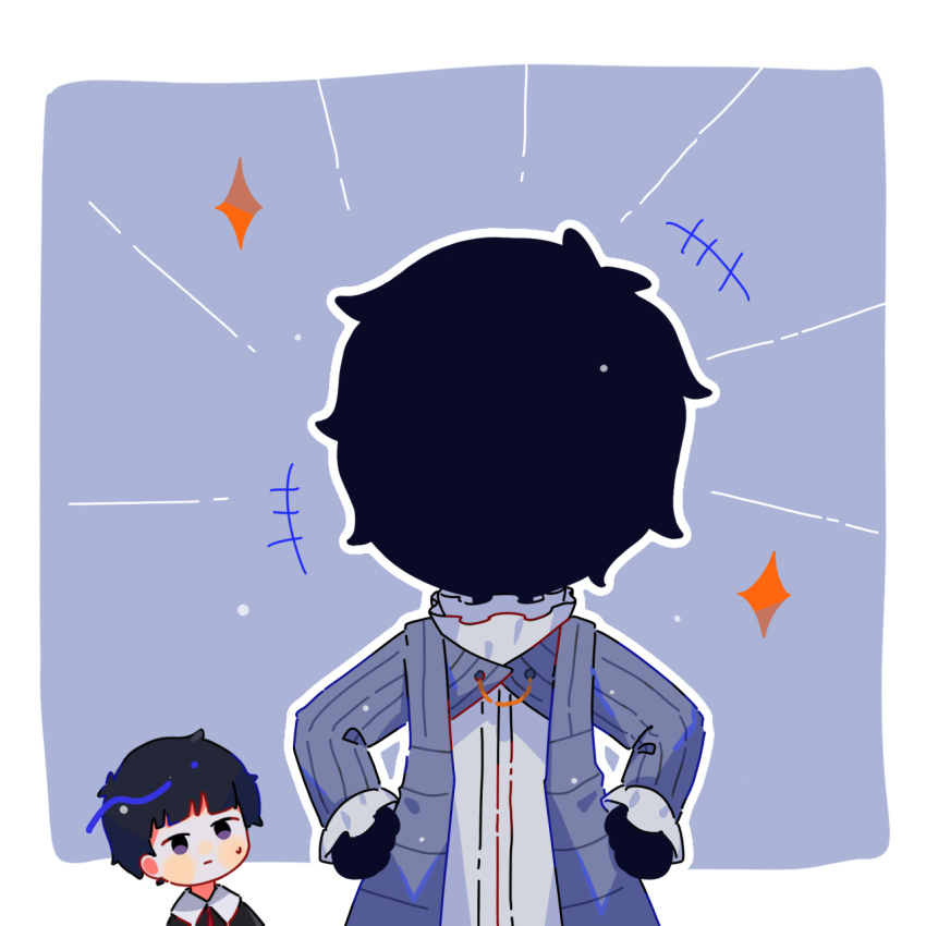 2boys black_hair black_skin blue_eyes blue_jacket blush chibi closed_mouth colored_skin hands_on_hips highres jacket john_(shadows_house) kieukie long_sleeves male_focus multiple_boys shadow_(shadows_house) shadows_house shaun_(shadows_house) shirt short_hair solo_focus standing sweatdrop white_shirt