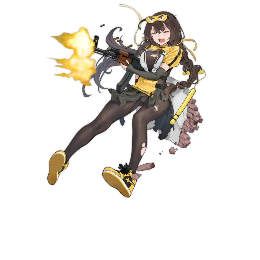 1girl breasts cancer_(zjcconan) eye_mask full_body girls_frontline gloves highres official_alternate_costume official_art open_mouth shoes sneakers solo transparent_background type_56-1_(girls'_frontline) yellow_footwear