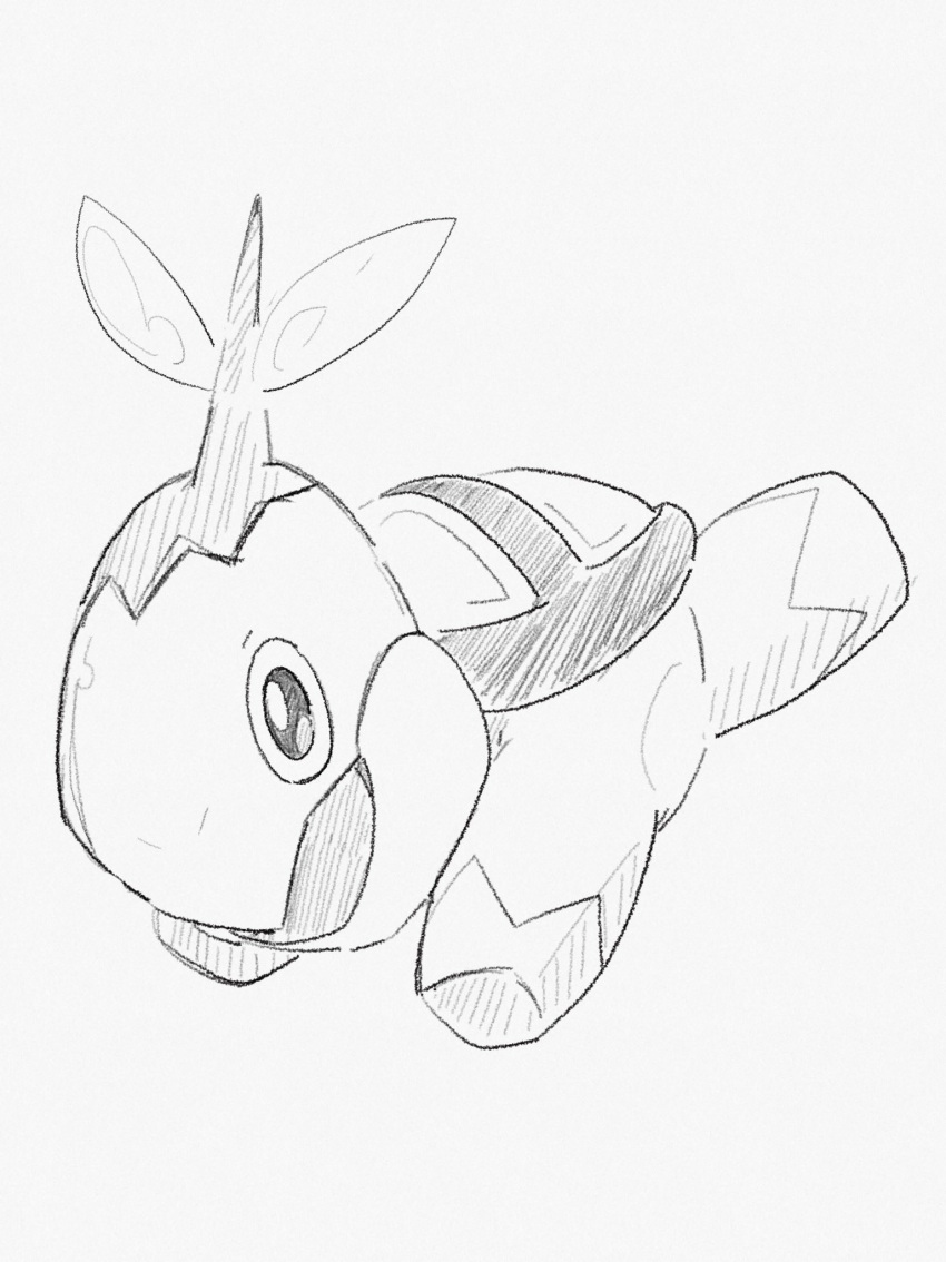 animal_focus commentary_request from_side full_body greyscale highres leaf monochrome munna_(pixiv_4032814) no_humans open_mouth partial_commentary pokemon pokemon_(creature) running shell simple_background sketch solo traditional_media turtwig white_background