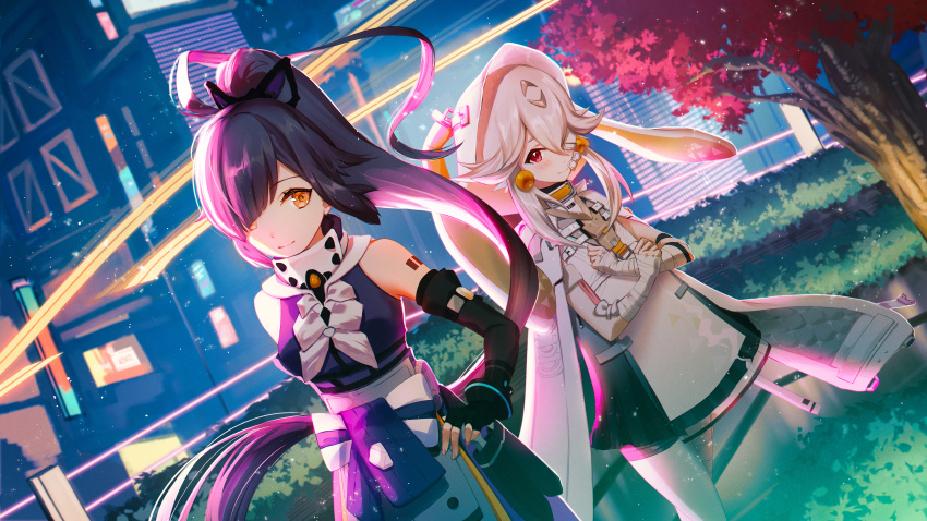 2girls absurdres animal_collar bandaged_arm bandages bangs capelet champi city_lights collar dress eyepatch hair_over_one_eye highres hood hooded_capelet long_hair looking_at_viewer medium_hair multiple_girls outdoors ponytail red_eyes ruby_(tower_of_fantasy) saki_fuwa_(tower_of_fantasy) smile standing tower_of_fantasy yellow_eyes