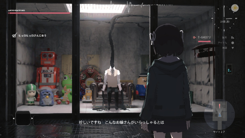 black_hair button_prompt clock couch drone faceless fake_screenshot fluorescent_lamp furby green_jacket hair_ribbon heads-up_display highres horror_(theme) jacket lost_property_control_organization_(samidare) minimap monster protagonist_(lost_property_control_organization) ribbon samidare_(hoshi) subtitled sun_symbol toy translated user_interface white_ribbon