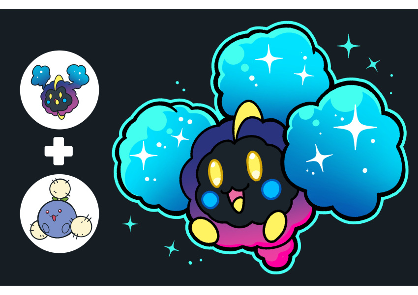 :3 absurdres black_background cosmog fukidashi_cotton fusion highres jumpluff letterboxed no_humans plus_sign pokemon pokemon_(creature) red_eyes sparkle yellow_eyes