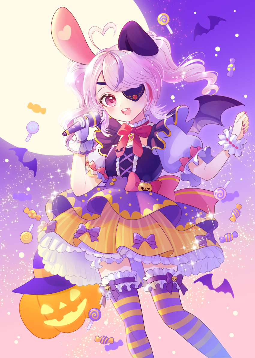 1girl :d absurdres ahoge animal_ears bat_(animal) bat_wings candy cross-laced_clothes flat_chest food frills halloween heart heart_ahoge highres holding holding_microphone jack-o'-lantern lollipop looking_at_viewer maria_marionette microphone moon nijisanji nijisanji_en open_mouth pink_eyes pink_hair pink_ribbon puffy_short_sleeves puffy_sleeves purple_hair rabbit_ears ribbon round_teeth short_sleeves smile solo striped striped_thighhighs teeth thigh-highs tong7611 virtual_youtuber wings