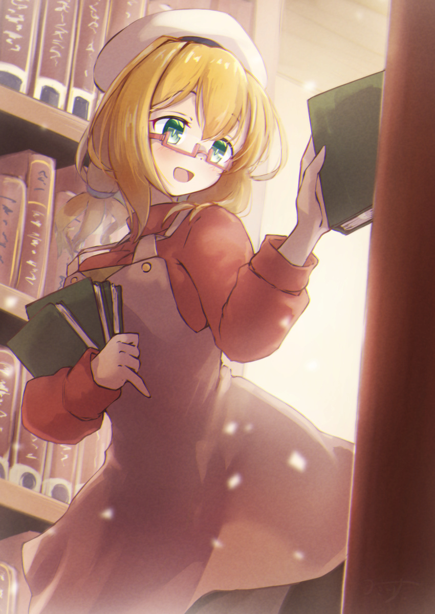 1girl alternate_costume black_pantyhose blonde_hair book book_stack bookshelf breasts day dress glasses green_eyes hair_between_eyes hat highres holding holding_book i-8_(kancolle) indoors kantai_collection library long_sleeves low_twintails medium_breasts open_mouth pantyhose peaked_cap red-framed_eyewear red_shirt ribbed_shirt sailor_hat semi-rimless_eyewear shirt sleeveless sleeveless_dress solo twintails under-rim_eyewear yomitsuna