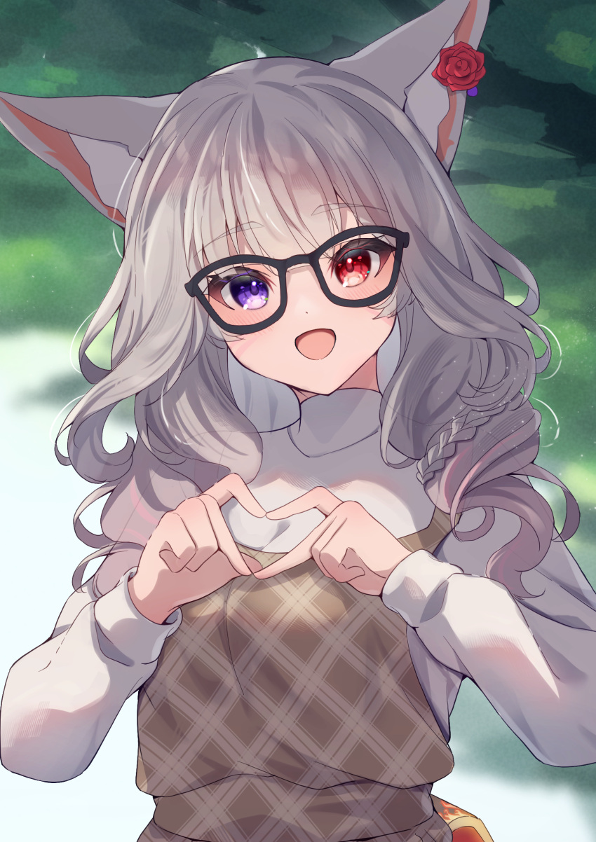 1girl :d absurdres animal_ear_fluff animal_ears bangs black-framed_eyewear blurry blurry_background braid brown_dress commentary_request commission depth_of_field dress flower glasses grey_hair heterochromia highres hinata_(user_rjkt4745) long_hair long_sleeves looking_at_viewer original outdoors puffy_long_sleeves puffy_sleeves red_eyes red_flower red_rose rose shirt skeb_commission sleeveless sleeveless_dress sleeves_past_wrists smile solo thick_eyebrows upper_body violet_eyes white_shirt