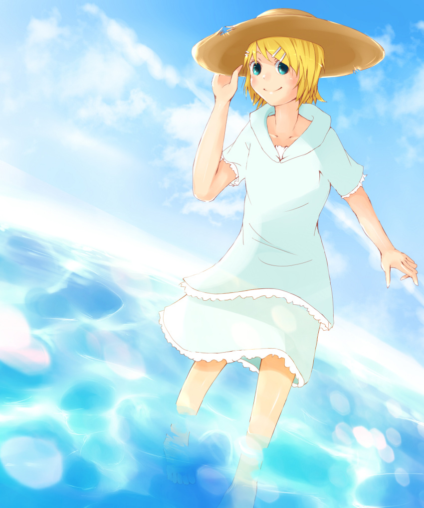 1girl bangs barefoot blonde_hair blue_eyes blue_hoodie blue_skirt blue_sky blush boru_(ochagashi) closed_mouth commentary_request day full_body hair_ornament hairclip hat highres hood hood_down hoodie kagamine_rin looking_at_viewer outdoors short_hair skirt sky smile solo sun_hat vocaloid water