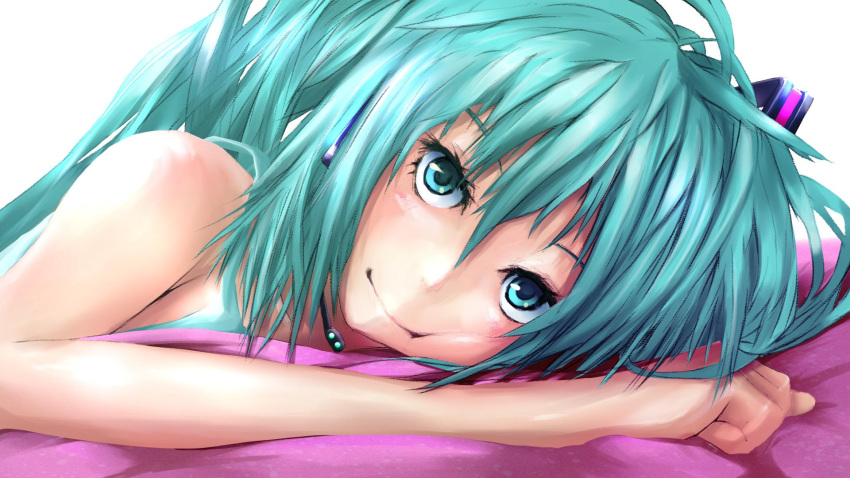 1girl bangs blue_eyes blue_hair blue_tank_top blush boru_(ochagashi) cheek_squash closed_mouth commentary_request hair_between_eyes hair_ornament hatsune_miku headset highres long_hair looking_at_viewer lying on_bed on_side pov_across_bed smile solo tank_top vocaloid