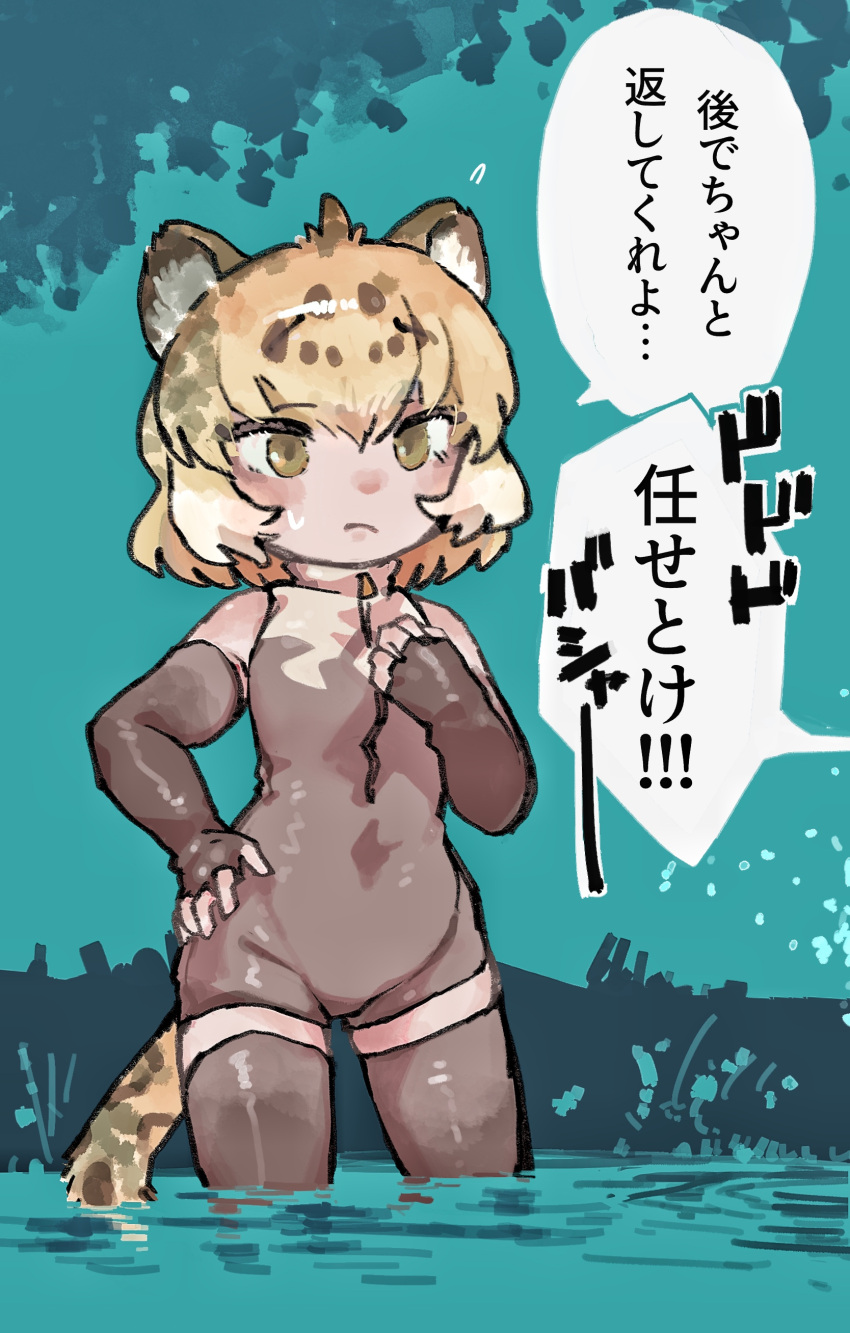1girl absurdres animal_ears bare_shoulders blonde_hair blush brown_hair commentary_request cosplay elbow_gloves fingerless_gloves giant_otter_(kemono_friends) giant_otter_(kemono_friends)_(cosplay) gloves grey_gloves grey_one-piece_swimsuit grey_thighhighs highres jaguar_(kemono_friends) jaguar_ears jaguar_girl jaguar_tail kemono_friends multicolored_hair one-piece_swimsuit short_hair sleeveless solo swimsuit tail thigh-highs toki_reatle translation_request turtleneck two-tone_swimsuit wading white_one-piece_swimsuit yellow_eyes zettai_ryouiki zipper