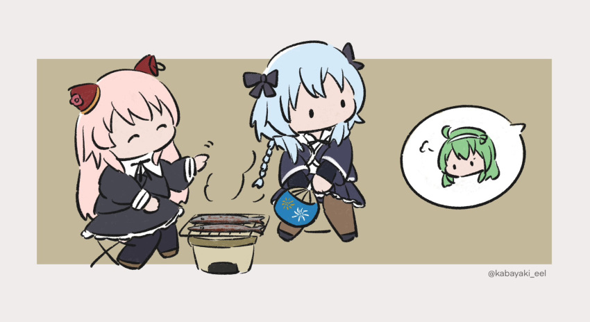 3girls =3 ^_^ ahoge assault_lily bangs black_bow black_footwear black_ribbon black_thighhighs blue_hair bow bow_hairband braid brown_background brown_footwear brown_pantyhose chair chibi closed_eyes cooking cropped_jacket endou_araya fish_(food) folding_chair food frilled_skirt frills green_hair grey_background grill grilled_fish grilling hair_bow hair_ribbon hairband hand_fan hands_up highres holding holding_fan juliet_sleeves kabayaki_(kabayaki_eel) layered_sleeves long_hair long_sleeves looking_at_another looking_to_the_side miniskirt mori_tatsuki motion_lines multiple_girls neck_ribbon no_mouth on_chair pantyhose paper_fan pink_hair pleated_skirt puffy_sleeves ribbon school_uniform shichirin shirt shoes short_sleeves sitting skirt smoke speech_bubble spoken_character standing tanaka_ichi thigh-highs twitter_username two-tone_background v-shaped_eyebrows white_hairband white_shirt wide_sleeves yurigaoka_girls_academy_school_uniform