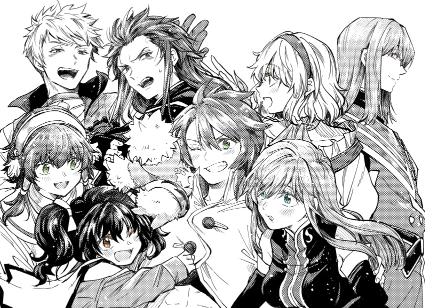3girls 5boys abs absurdres anise_tatlin asch_(tales) bare_shoulders blue_eyes blush breasts brown_eyes choker creature crop_top detached_sleeves dress female_child glasses green_eyes greyscale grin guy_cecil hair_ribbon hairband high_collar highres ion_(tales) jacket jade_curtiss kudou_makoto long_hair looking_at_another luke_fon_fabre male_child mieu_(tales) military military_uniform monochrome multiple_boys multiple_girls natalia_luzu_kimlasca_lanvaldear red_eyes ribbon short_hair sidelocks smile spot_color tales_of_(series) tales_of_the_abyss tear_grants twintails uniform white_background