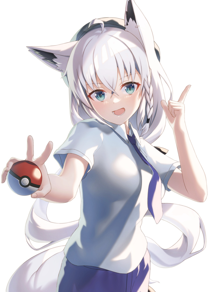 1girl ahoge animal_ear_fluff animal_ears bangs black_headwear blue_necktie blue_shirt blue_shorts blush braid breasts commentary_request earrings fox_ears fox_girl green_eyes hair_between_eyes highres holding holding_poke_ball hololive index_finger_raised jewelry long_hair looking_at_viewer necktie open_mouth poke_ball shirai_yu shirakami_fubuki shirt short_sleeves shorts sidelocks simple_background single_braid small_breasts solo virtual_youtuber white_background white_hair