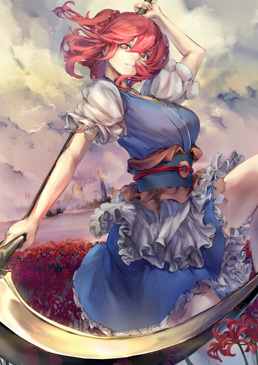 1girl absurdres asllapistone blue_dress breasts clouds coin dress flower hair_bobbles hair_ornament highres holding holding_scythe looking_at_viewer obi onozuka_komachi outdoors parted_lips red_eyes red_flower redhead sash scythe short_hair short_sleeves solo spider_lily touhou two_side_up
