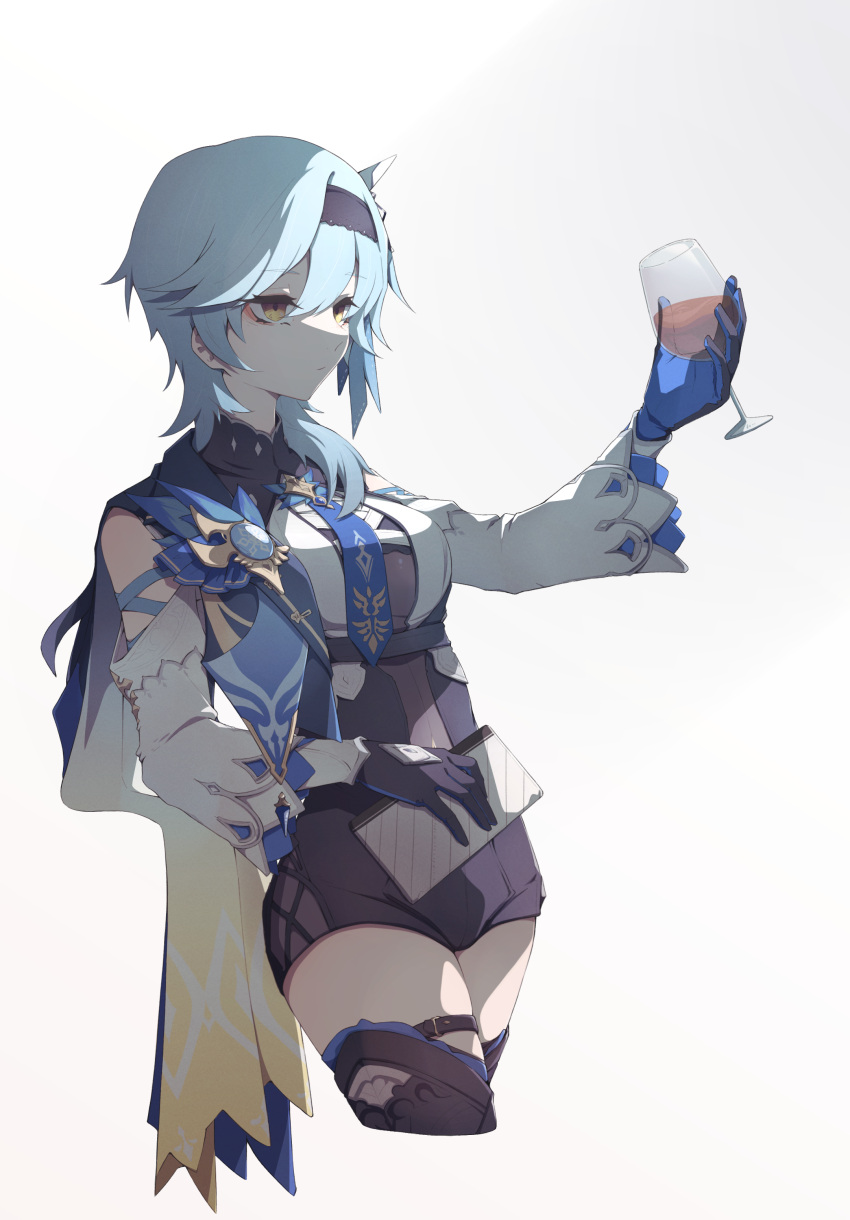 1girl absurdres black_hairband black_shirt black_shorts black_thighhighs blue_gloves blue_hair blue_vest breasts cowboy_shot cup detached_sleeves drinking_glass eula_(genshin_impact) genshin_impact gloves grey_background hair_between_eyes hairband highres holding holding_cup if_f medium_breasts shirt short_hair shorts simple_background solo thigh-highs vest white_sleeves wine_glass yellow_eyes