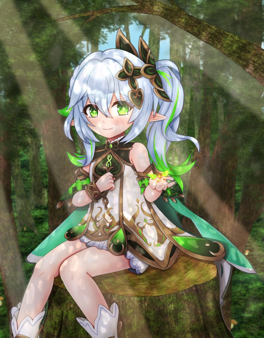 1girl 3d_background absurdres bangs bloomers blurry bracelet cape commentary_request crystalfly_(genshin_impact) depth_of_field detached_sleeves dress forest genshin_impact gradient_hair green_eyes hair_between_eyes hair_ornament highres jewelry knees_together_feet_apart long_hair looking_at_viewer m172/minatsu multicolored_hair nahida_(genshin_impact) nature pointy_ears short_sleeves side_ponytail sidelocks sitting_on_tree_stump smile solo symbol-shaped_pupils tree underwear white_dress white_hair