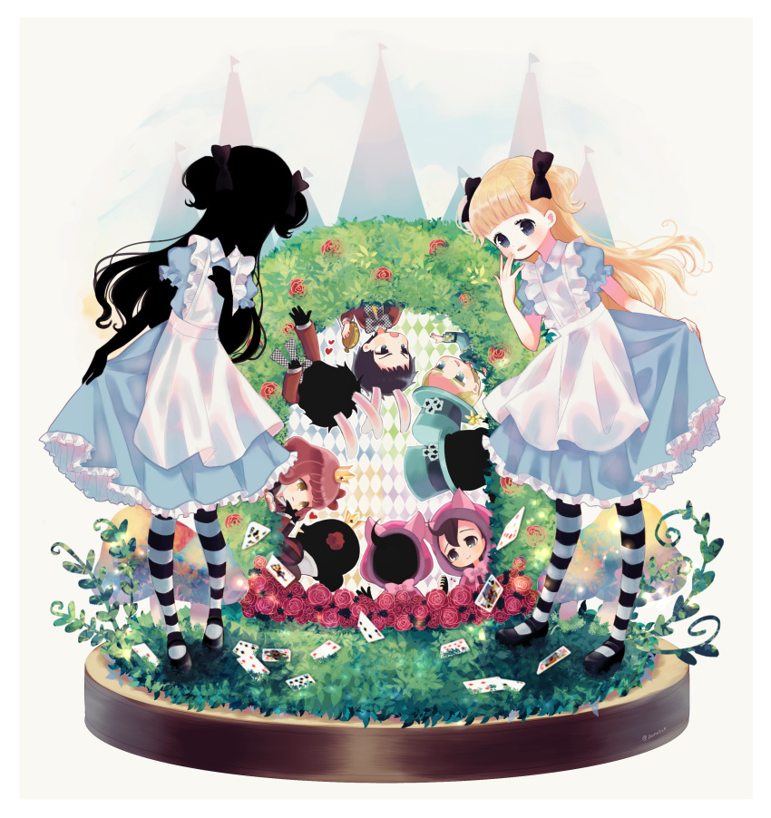 4boys 6+girls absurdres alice_(alice_in_wonderland) alice_(alice_in_wonderland)_(cosplay) alice_in_wonderland animal_ears apron bangs black_bow black_hair black_skin blonde_hair blue_dress blue_eyes blunt_bangs blush bow card cheshire_cat_(alice_in_wonderland) chibi colored_skin cosplay crown dress emilico_(shadows_house) frills full_body grass hair_bow hairband hat highres john_(shadows_house) kate_(shadows_house) kohori long_hair lou_(shadows_house) louise_(shadows_house) mad_hatter_(alice_in_wonderland) mad_hatter_(alice_in_wonderland)_(cosplay) multiple_boys multiple_girls patrick_(shadows_house) pocket_watch puffy_sleeves queen_of_hearts_(alice_in_wonderland) queen_of_hearts_(alice_in_wonderland)_(cosplay) rabbit_ears ram_(shadows_house) redhead ribbon ricky_(shadows_house) shadow_(shadows_house) shadows_house shaun_(shadows_house) shirley_(shadows_house) shoes short_hair short_sleeves smile standing striped thigh-highs top_hat two_side_up watch white_apron white_rabbit_(alice_in_wonderland) white_rabbit_(alice_in_wonderland)_(cosplay)