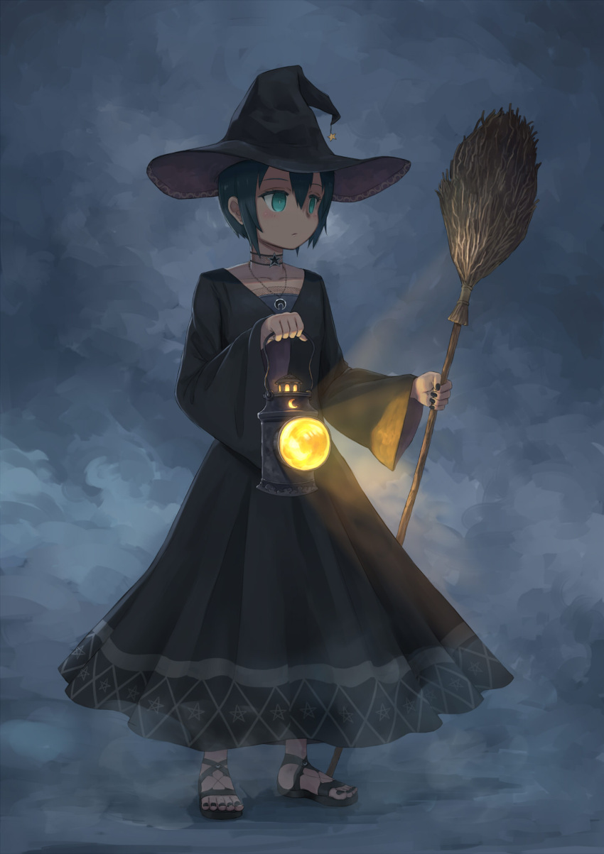 black_dress black_hair black_nails broom dark dress green_eyes halloween hat highres jewelry kino_(kino_no_tabi) kino_no_tabi long_dress nail_polish necklace night short_hair skirt solo tauke toenail_polish toenails witch witch_hat