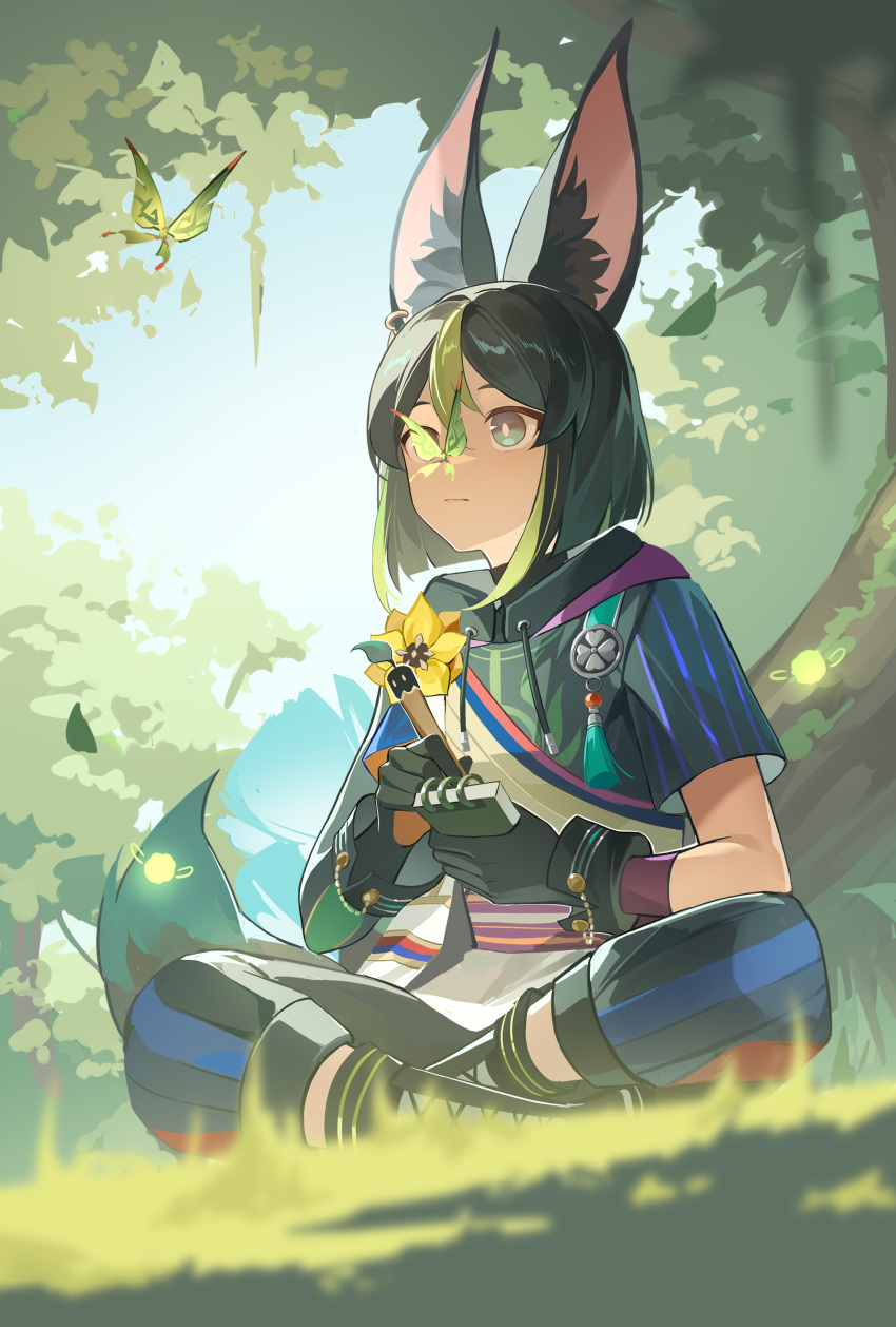 absurdres animal_ear_fluff animal_ears bangs black_footwear black_gloves black_hair black_hoodie black_pants bug butterfly butterfly_on_nose chinese_commentary closed_mouth commentary_request fengtu_ad flower_ornament fox_boy fox_ears fox_tail full_body genshin_impact gloves green_eyes green_hair highres holding holding_notepad hood hood_down hoodie indian_style leaf male_focus medal medium_hair multicolored_hair notepad outdoors pants short_sleeves sitting solo streaked_hair tail tassel tighnari_(genshin_impact) tree
