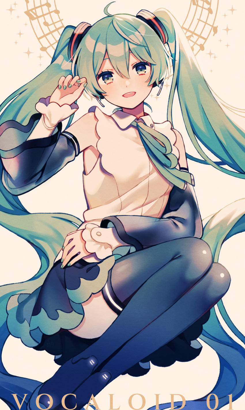 1girl absurdres aqua_eyes aqua_hair aqua_ribbon bare_shoulders black_footwear blue_eyes blue_hair blue_nails blue_ribbon boots detached_sleeves edward-el green_hair hair_ornament hatsune_miku hatsune_miku_(nt) highres long_hair looking_at_viewer neck_ribbon necktie open_mouth ribbon shirt skirt smile solo thigh-highs thigh_boots twintails very_long_hair vocaloid white_shirt