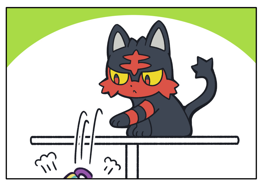 :&lt; absurdres border cat colored_sclera fukidashi_cotton highres litten motion_lines no_humans pokemon pokemon_(creature) pushing red_eyes sinistea table tail white_border yellow_sclera