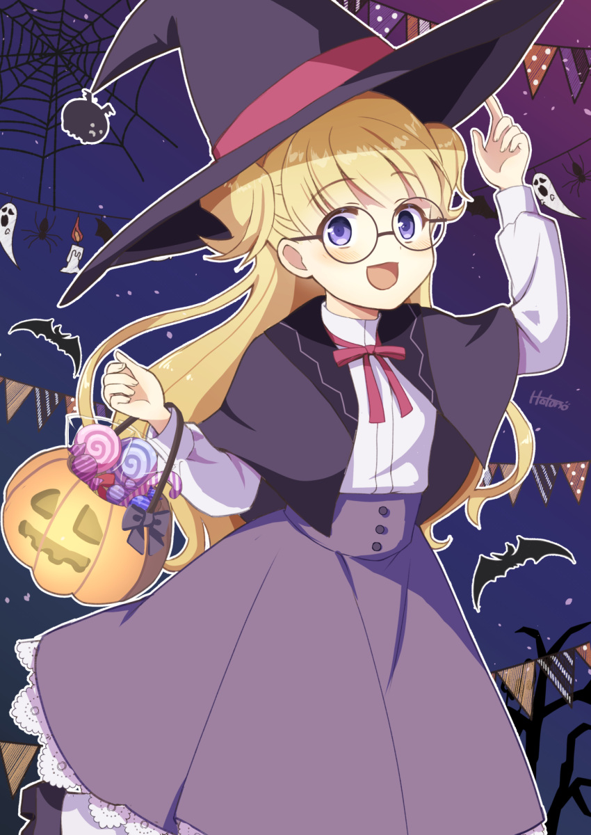 1girl arm_up bangs blonde_hair blue_eyes blunt_bangs candy clinger_(shadows_house) emilico_(shadows_house) food halloween halloween_bucket hat hato_no12 highres holding jack-o'-lantern long_hair long_sleeves neck_ribbon open_mouth purple_skirt red_ribbon ribbon round_eyewear shadows_house shirt skirt smile solo sweets two_side_up white_shirt witch_hat