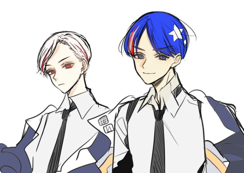 2boys anno88888 black_necktie blue_eyes blue_hair closed_mouth genderswap genderswap_(ftm) highres jacket kantai_collection male_focus massachusetts_(kancolle) multicolored_hair multiple_boys necktie off_shoulder open_clothes open_jacket red_eyes redhead shirt simple_background sketch smile south_dakota_(kancolle) star_(symbol) streaked_hair upper_body white_background white_hair white_shirt